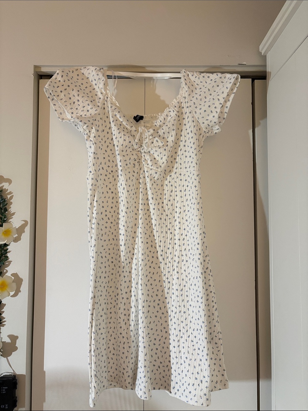 H&M White Mini Dress with Blue Floral Print